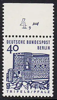 BERLIN 1964 Michel-Nummer 245 postfrisch EINZELMARKE RAND oben (a) - Deutsche Bauwerke aus zwölf Jahrhunderten: Burg Trifels in der Pfalz