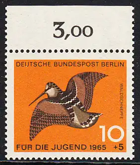 BERLIN 1965 Michel-Nummer 250 postfrisch EINZELMARKE Rand oben - Jagdbares Federwild: Waldschnepfe