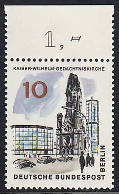 BERLIN 1965 Michel-Nummer 254 postfrisch EINZELMARKE RAND oben (a) - Das neue Berlin: Kaiser-Wilhelm-Gedächtniskirche