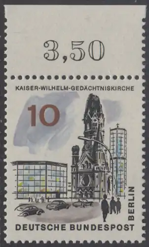 BERLIN 1965 Michel-Nummer 254 postfrisch EINZELMARKE RAND oben (e) - Das neue Berlin: Kaiser-Wilhelm-Gedächtniskirche