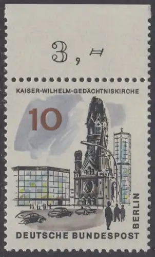 BERLIN 1965 Michel-Nummer 254 postfrisch EINZELMARKE RAND oben (d) - Das neue Berlin: Kaiser-Wilhelm-Gedächtniskirche