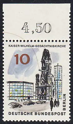 BERLIN 1965 Michel-Nummer 254 postfrisch EINZELMARKE RAND oben (f) - Das neue Berlin: Kaiser-Wilhelm-Gedächtniskirche