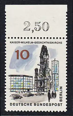 BERLIN 1965 Michel-Nummer 254 postfrisch EINZELMARKE RAND oben (c) - Das neue Berlin: Kaiser-Wilhelm-Gedächtniskirche