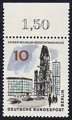 BERLIN 1965 Michel-Nummer 254 postfrisch EINZELMARKE RAND oben (b) - Das neue Berlin: Kaiser-Wilhelm-Gedächtniskirche