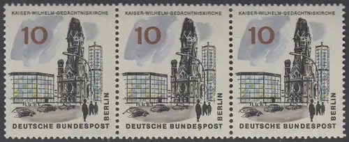 BERLIN 1965 Michel-Nummer 254 postfrisch horiz.STRIP(3) - Das neue Berlin: Kaiser-Wilhelm-Gedächtniskirche
