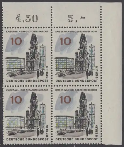 BERLIN 1965 Michel-Nummer 254 postfrisch BLOCK ECKRAND oben rechts - Das neue Berlin: Kaiser-Wilhelm-Gedächtniskirche