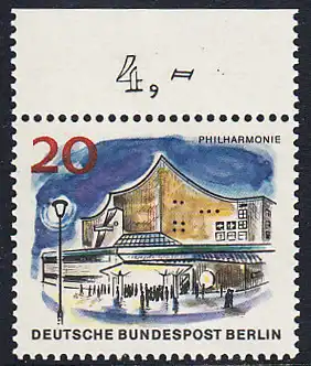 BERLIN 1965 Michel-Nummer 256 postfrisch EINZELMARKE RAND oben (a) - Das neue Berlin: Neue Philharmonie