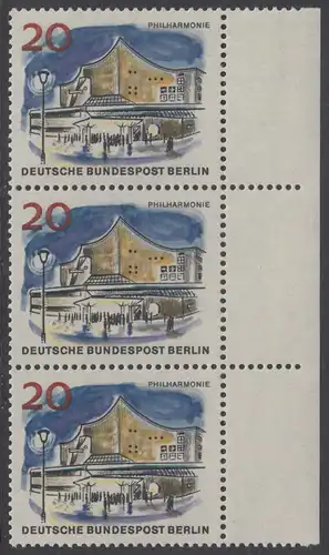 BERLIN 1965 Michel-Nummer 256 postfrisch vert.STRIP(3) RAND rechts - Das neue Berlin: Neue Philharmonie