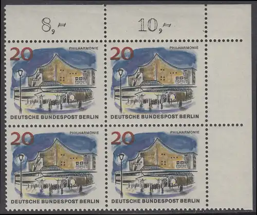 BERLIN 1965 Michel-Nummer 256 postfrisch BLOCK ECKRAND oben rechts - Das neue Berlin: Neue Philharmonie