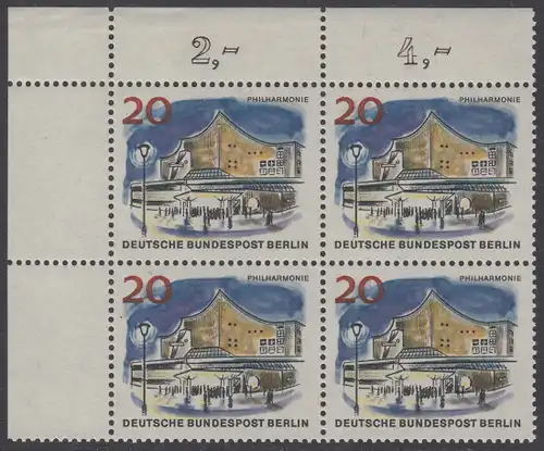 BERLIN 1965 Michel-Nummer 256 postfrisch BLOCK ECKRAND oben links - Das neue Berlin: Neue Philharmonie