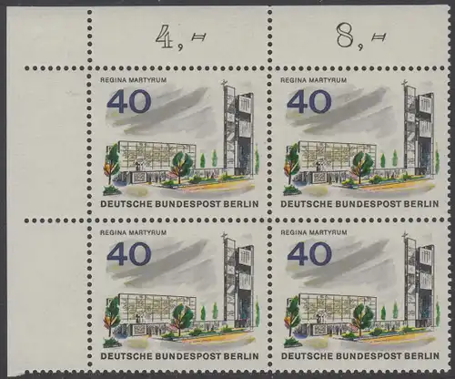 BERLIN 1965 Michel-Nummer 258 postfrisch BLOCK ECKRAND oben links - Das neue Berlin: Gedenkstätte Regina Martyrum