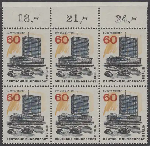 BERLIN 1965 Michel-Nummer 260 postfrisch horiz.BLOCK(6) RÄNDER oben - Das neue Berlin: Europa-Center