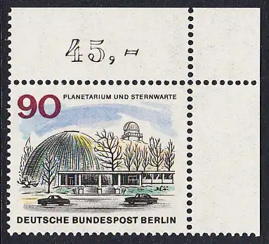 BERLIN 1965 Michel-Nummer 263 postfrisch EINZELMARKE ECKRAND oben rechts - Das neue Berlin: Planetarium und Wilhelm-Foerster-Sternwarte, Berlin-Steglitz