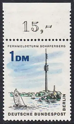 BERLIN 1965 Michel-Nummer 264 postfrisch EINZELMARKE RAND oben (a) - Das neue Berlin: Fernmeldeturm auf dem Schäferberg, Berlin-Wannsee