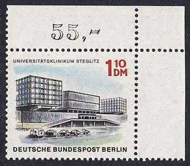 BERLIN 1965 Michel-Nummer 265 postfrisch EINZELMARKE ECKRAND oben rechts - Das neue Berlin: Universitätsklinikum Steglitz