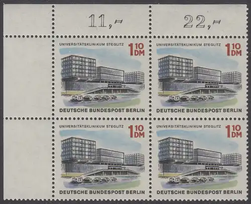 BERLIN 1965 Michel-Nummer 265 postfrisch BLOCK ECKRAND oben links - Das neue Berlin: Universitätsklinikum Steglitz