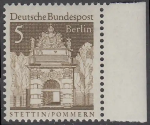 BERLIN 1966 Michel-Nummer 270 postfrisch EINZELMARKE RAND rechts - Deutsche Bauwerke aus zwölf Jahrhunderten: Berliner Tor, Stettin