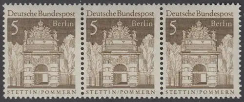 BERLIN 1966 Michel-Nummer 270 postfrisch horiz.STRIP(3) - Deutsche Bauwerke aus zwölf Jahrhunderten: Berliner Tor, Stettin