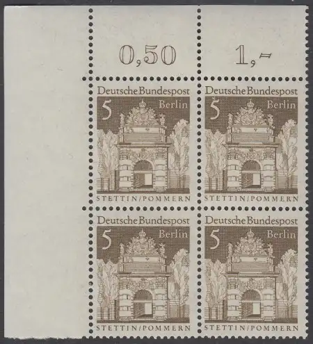 BERLIN 1966 Michel-Nummer 270 postfrisch BLOCK ECKRAND oben links - Deutsche Bauwerke aus zwölf Jahrhunderten: Berliner Tor, Stettin