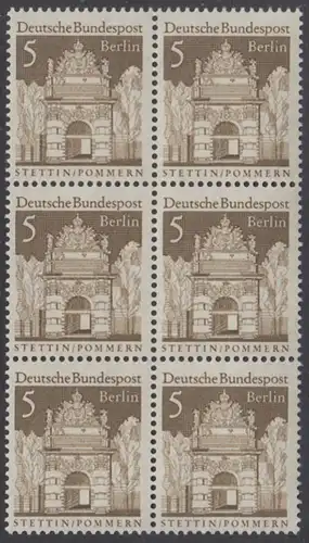 BERLIN 1966 Michel-Nummer 270 postfrisch vert.BLOCK(6) - Deutsche Bauwerke aus zwölf Jahrhunderten: Berliner Tor, Stettin