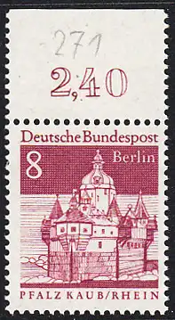 BERLIN 1966 Michel-Nummer 271 postfrisch EINZELMARKE RAND oben (a) - Deutsche Bauwerke aus zwölf Jahrhunderten: Pfalzgrafenstein im Rhein bei Kaub