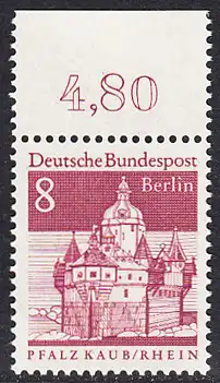 BERLIN 1966 Michel-Nummer 271 postfrisch EINZELMARKE RAND oben (d) - Deutsche Bauwerke aus zwölf Jahrhunderten: Pfalzgrafenstein im Rhein bei Kaub