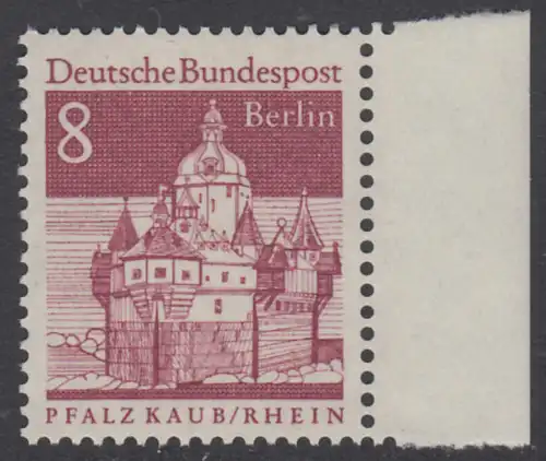 BERLIN 1966 Michel-Nummer 271 postfrisch EINZELMARKE RAND rechts - Deutsche Bauwerke aus zwölf Jahrhunderten: Pfalzgrafenstein im Rhein bei Kaub