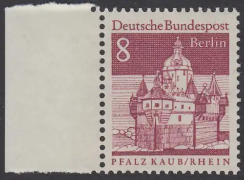BERLIN 1966 Michel-Nummer 271 postfrisch EINZELMARKE RAND links - Deutsche Bauwerke aus zwölf Jahrhunderten: Pfalzgrafenstein im Rhein bei Kaub