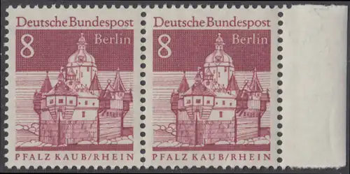 BERLIN 1966 Michel-Nummer 271 postfrisch horiz.PAAR RAND rechts - Deutsche Bauwerke aus zwölf Jahrhunderten: Pfalzgrafenstein im Rhein bei Kaub