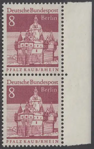 BERLIN 1966 Michel-Nummer 271 postfrisch vert.PAAR RAND rechts - Deutsche Bauwerke aus zwölf Jahrhunderten: Pfalzgrafenstein im Rhein bei Kaub