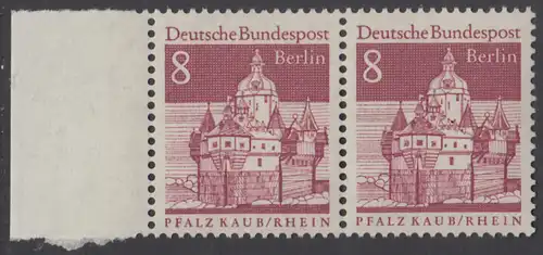 BERLIN 1966 Michel-Nummer 271 postfrisch horiz.PAAR RAND links - Deutsche Bauwerke aus zwölf Jahrhunderten: Pfalzgrafenstein im Rhein bei Kaub