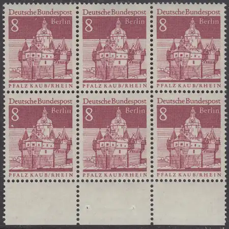 BERLIN 1966 Michel-Nummer 271 postfrisch horiz.BLOCK(6) RÄNDER unten - Deutsche Bauwerke aus zwölf Jahrhunderten: Pfalzgrafenstein im Rhein bei Kaub
