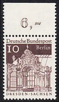 BERLIN 1966 Michel-Nummer 272 postfrisch EINZELMARKE RAND oben - Deutsche Bauwerke aus zwölf Jahrhunderten: Wallpavillo des Zwingers, Dresden