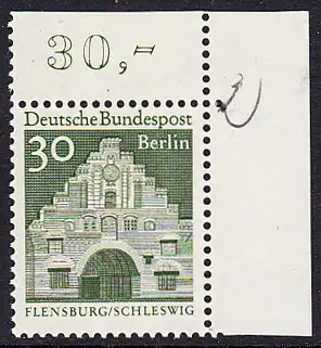 BERLIN 1966 Michel-Nummer 274 postfrisch EINZELMARKE ECKRAND oben rechts (b) - Deutsche Bauwerke aus zwölf Jahrhunderten: Nordertor, Flensburg