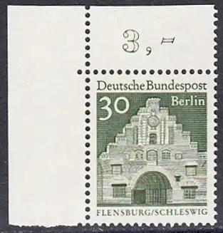 BERLIN 1966 Michel-Nummer 274 postfrisch EINZELMARKE ECKRAND oben links - Deutsche Bauwerke aus zwölf Jahrhunderten: Nordertor, Flensburg