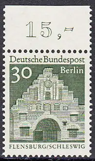 BERLIN 1966 Michel-Nummer 274 postfrisch EINZELMARKE RAND oben (c) - Deutsche Bauwerke aus zwölf Jahrhunderten: Nordertor, Flensburg
