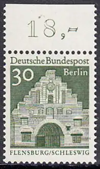 BERLIN 1966 Michel-Nummer 274 postfrisch EINZELMARKE RAND oben (d) - Deutsche Bauwerke aus zwölf Jahrhunderten: Nordertor, Flensburg