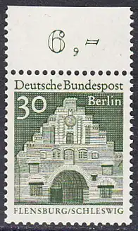 BERLIN 1966 Michel-Nummer 274 postfrisch EINZELMARKE RAND oben (a) - Deutsche Bauwerke aus zwölf Jahrhunderten: Nordertor, Flensburg