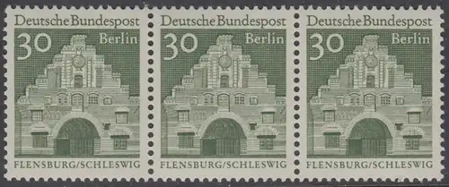 BERLIN 1966 Michel-Nummer 274 postfrisch horiz.STRIP(3) - Deutsche Bauwerke aus zwölf Jahrhunderten: Nordertor, Flensburg