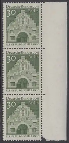 BERLIN 1966 Michel-Nummer 274 postfrisch vert.STRIP(3) RAND rechts - Deutsche Bauwerke aus zwölf Jahrhunderten: Nordertor, Flensburg
