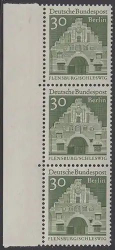 BERLIN 1966 Michel-Nummer 274 postfrisch vert.STRIP(3) RAND links - Deutsche Bauwerke aus zwölf Jahrhunderten: Nordertor, Flensburg