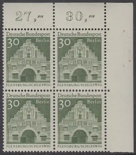 BERLIN 1966 Michel-Nummer 274 postfrisch BLOCK ECKRAND oben rechts - Deutsche Bauwerke aus zwölf Jahrhunderten: Nordertor, Flensburg