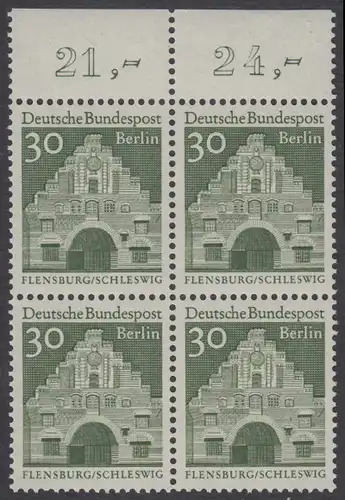 BERLIN 1966 Michel-Nummer 274 postfrisch BLOCK RÄNDER oben (a03) - Deutsche Bauwerke aus zwölf Jahrhunderten: Nordertor, Flensburg