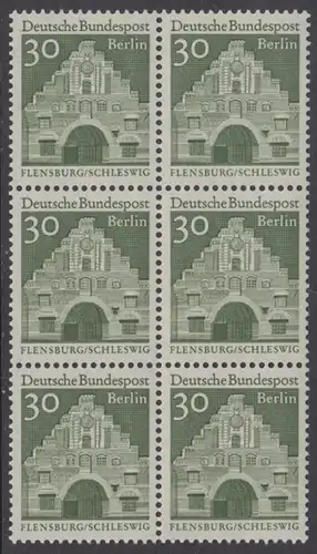 BERLIN 1966 Michel-Nummer 274 postfrisch vert.BLOCK(6) - Deutsche Bauwerke aus zwölf Jahrhunderten: Nordertor, Flensburg