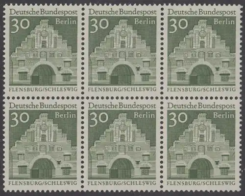 BERLIN 1966 Michel-Nummer 274 postfrisch horiz.BLOCK(6) - Deutsche Bauwerke aus zwölf Jahrhunderten: Nordertor, Flensburg