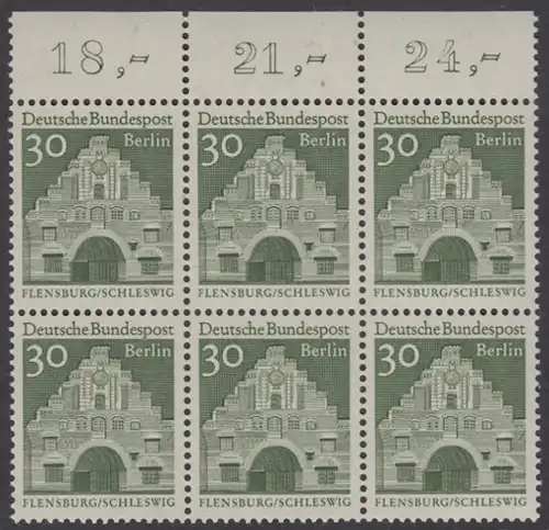 BERLIN 1966 Michel-Nummer 274 postfrisch horiz.BLOCK(6) RÄNDER oben - Deutsche Bauwerke aus zwölf Jahrhunderten: Nordertor, Flensburg