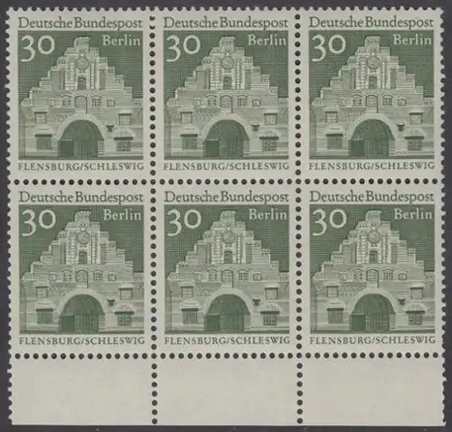 BERLIN 1966 Michel-Nummer 274 postfrisch horiz.BLOCK(6) RÄNDER unten - Deutsche Bauwerke aus zwölf Jahrhunderten: Nordertor, Flensburg