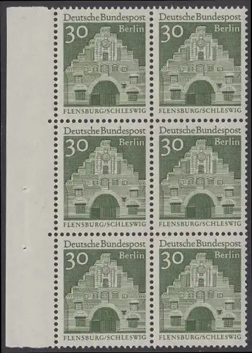 BERLIN 1966 Michel-Nummer 274 postfrisch vert.BLOCK(6) RÄNDER links - Deutsche Bauwerke aus zwölf Jahrhunderten: Nordertor, Flensburg
