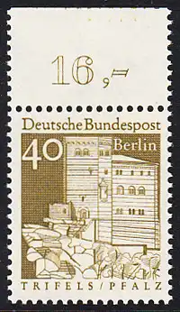 BERLIN 1966 Michel-Nummer 276 postfrisch EINZELMARKE RAND oben (c) - Deutsche Bauwerke aus zwölf Jahrhunderten: Burg Trifels in der Pfalz