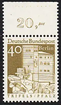 BERLIN 1966 Michel-Nummer 276 postfrisch EINZELMARKE RAND oben (d) - Deutsche Bauwerke aus zwölf Jahrhunderten: Burg Trifels in der Pfalz